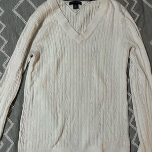 White Cable Knit V-Neck Sweater